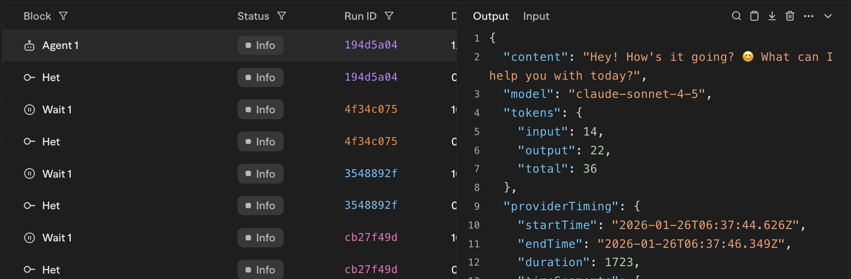 Execution logs terminal
